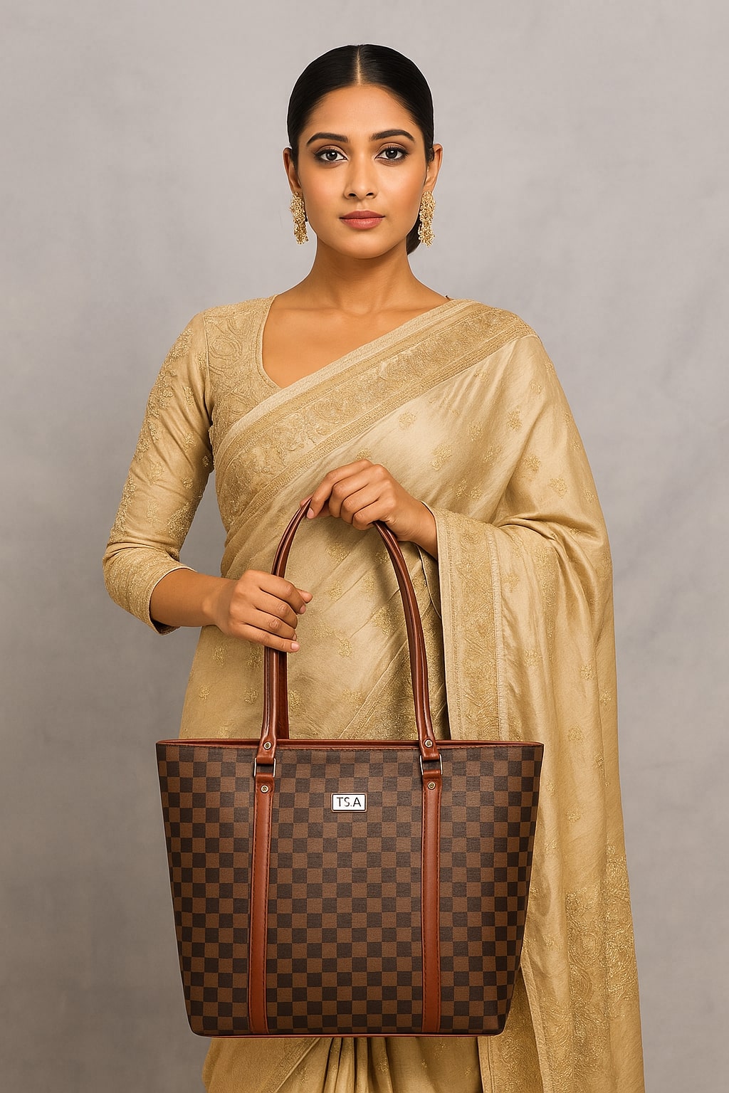 T&A Premium Brown Checked Handbag for Women | Elegant Designer Shoulder Bag | Luxury Everyday Tote