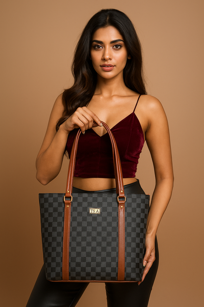 T&A Premium Black Checked Handbag for Women | Elegant Designer Shoulder Bag | Luxury Everyday Tote