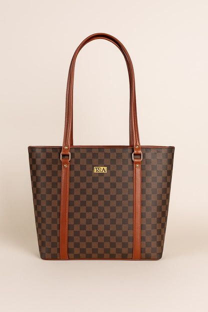 T&A Premium Brown Checked Handbag for Women | Elegant Designer Shoulder Bag | Luxury Everyday Tote