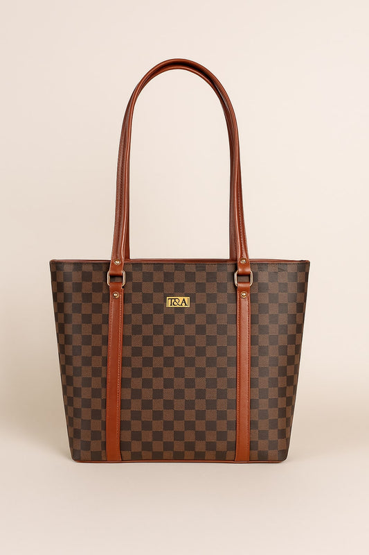 T&A Premium Brown Checked Handbag for Women | Elegant Designer Shoulder Bag | Luxury Everyday Tote