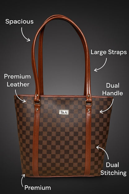 T&A Premium Brown Checked Handbag for Women | Elegant Designer Shoulder Bag | Luxury Everyday Tote