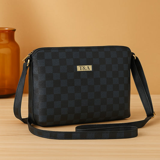 "T&A Luxe Noir Checkered Sling | Elegant Designer Crossbody for Women"