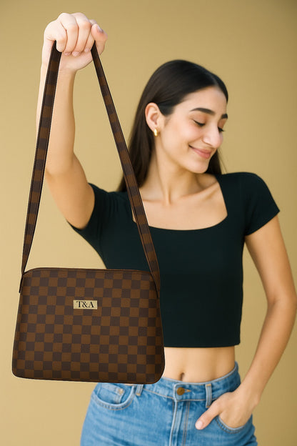 "T&A Luxe Noir Checkered Sling | Elegant Designer Crossbody for Women"