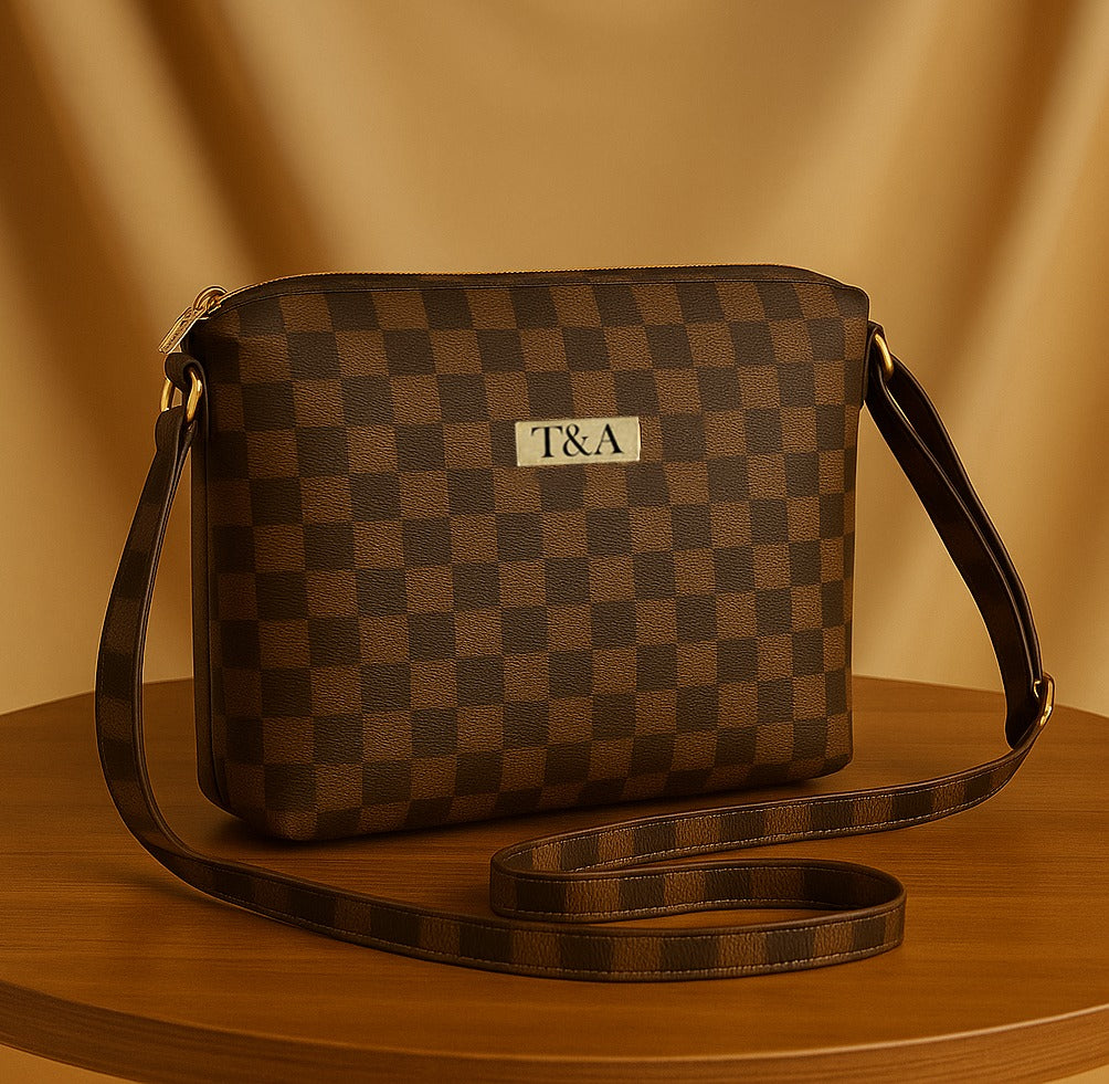 "T&A Luxe Noir Checkered Sling | Elegant Designer Crossbody for Women"
