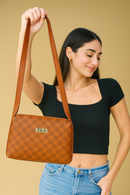 "T&A Luxe Noir Checkered Sling | Elegant Designer Crossbody for Women"
