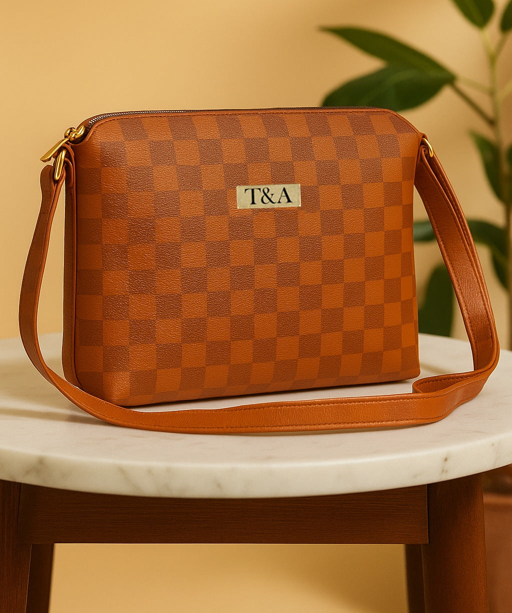 "T&A Luxe Noir Checkered Sling | Elegant Designer Crossbody for Women"