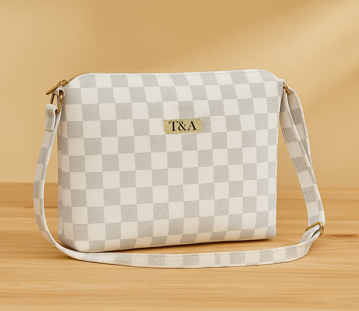 "T&A Luxe Noir Checkered Sling | Elegant Designer Crossbody for Women"